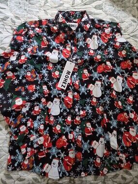 MOHEZ Black Christmas  Santa & Snowman Button-Up Long Sleeved Shirt Size 11-12 Y